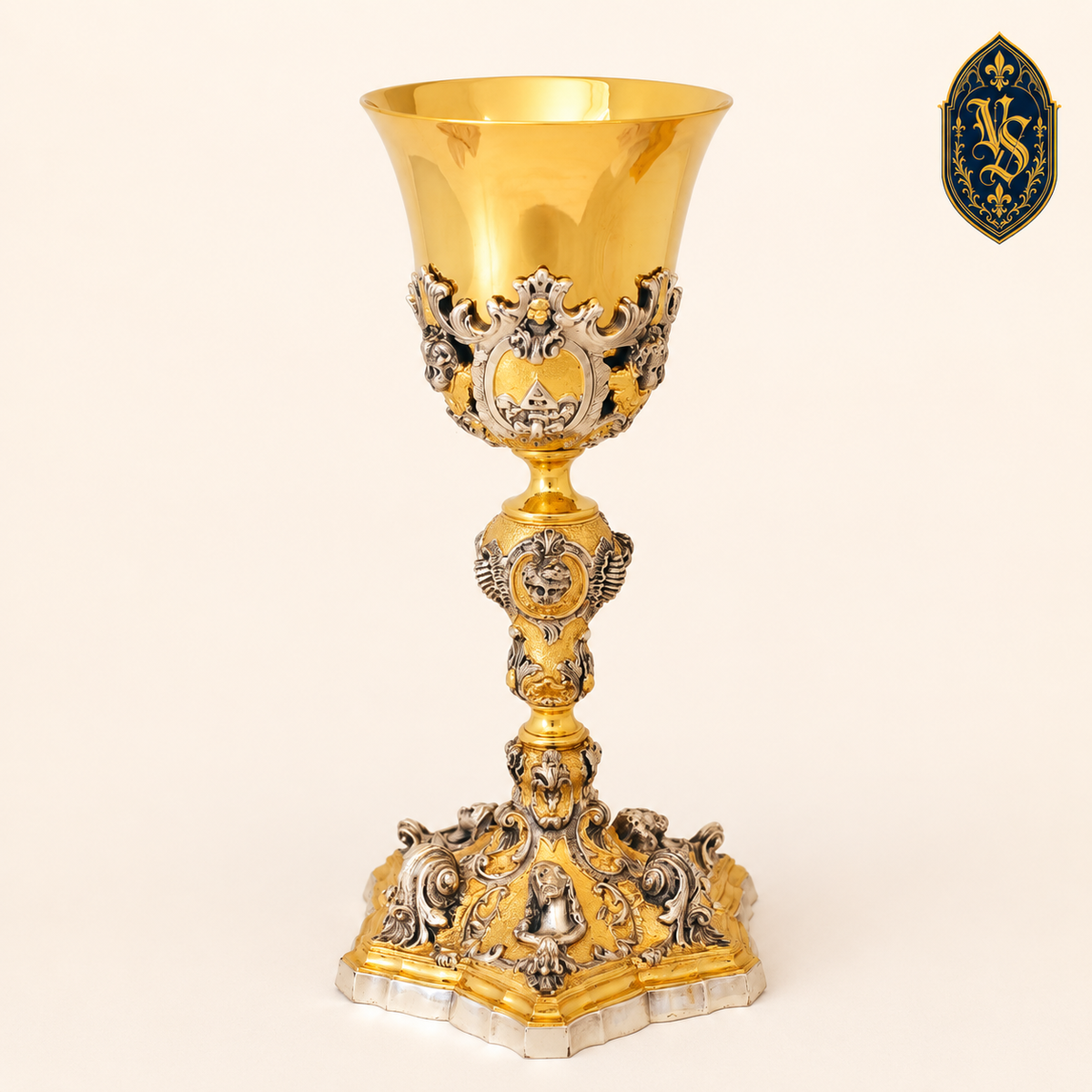 Calice plaqué or et argent, richement décoré, 23 cm – KSCM-008