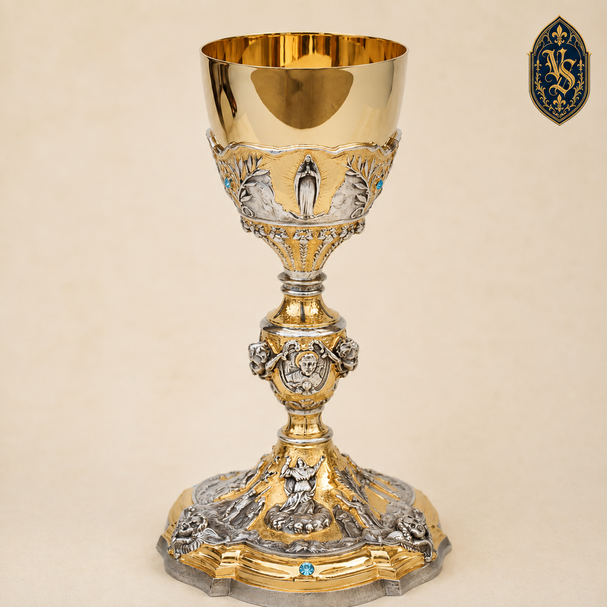 Calice médaillon doré et argenté avec pierres bleues – KSCM-013