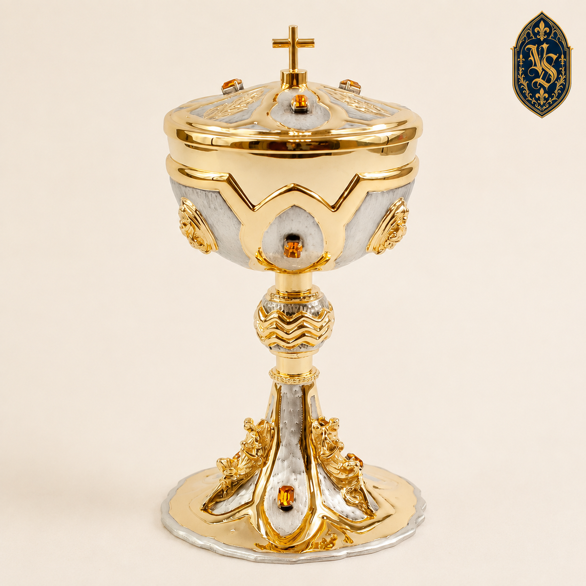 Ciborium liturgique bicolore avec pierres d'ambre 25 cm – CBSCM-003