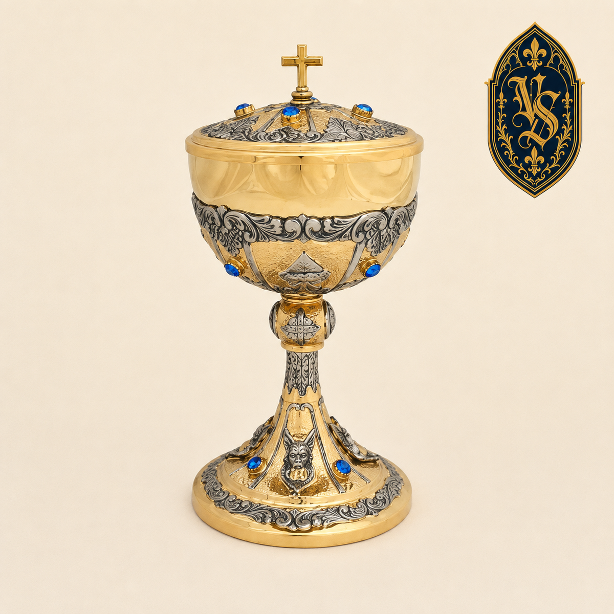 Ciboire liturgique bicolore avec pierres bleues 25,5 cm – CBSCM-004