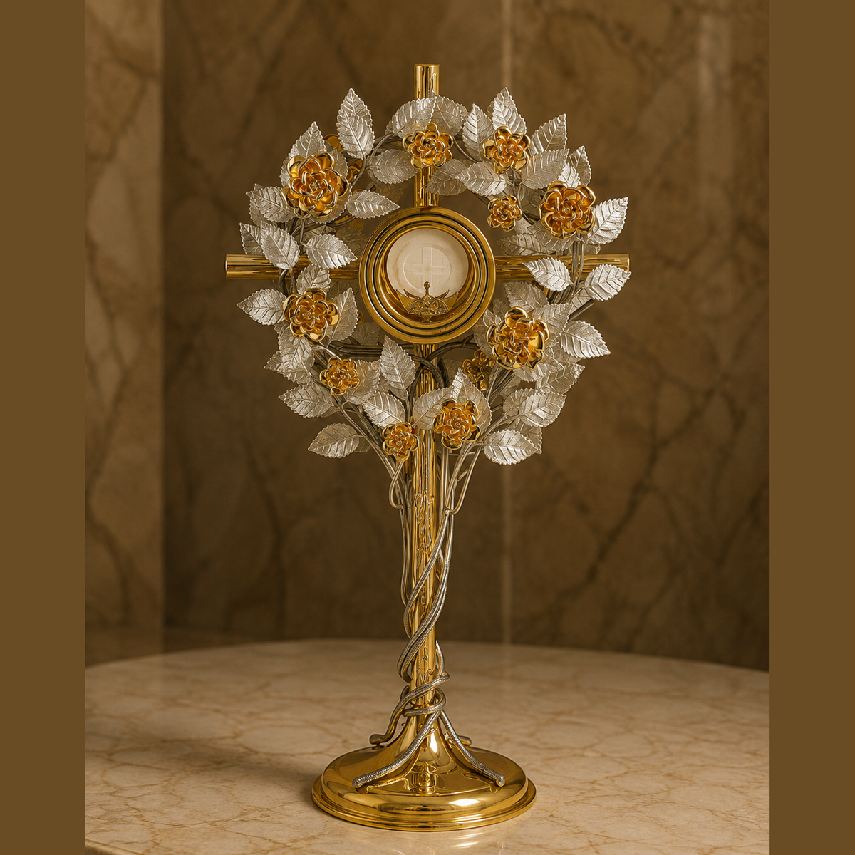 Ostensoir « Rose Eucharistique » – 69 cm, doré, décoré à la main