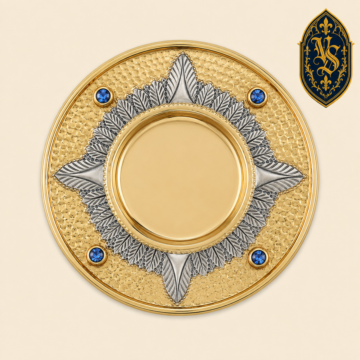 Patène liturgique dorée avec pierres bleues – PSCM-26
