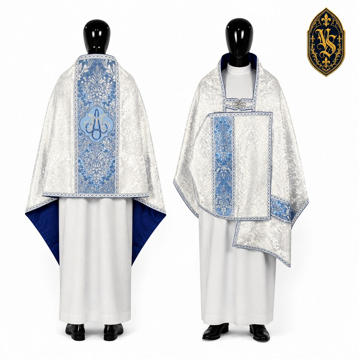 Voile liturgique marial blanc-bleu avec monogramme – WLKRB-022