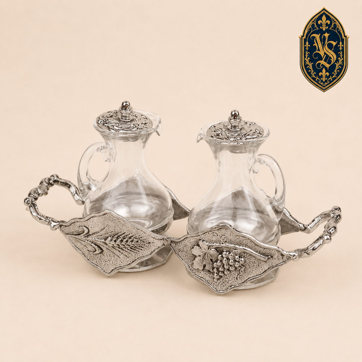 Ampoules en verre sur plateau doré à motif épis de blé et raisins – ASCM-005