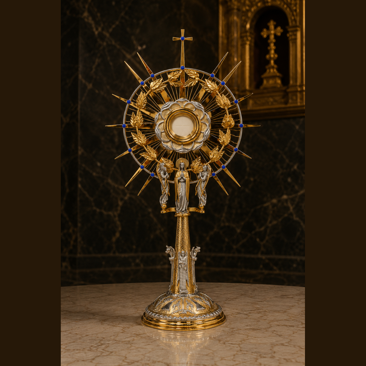 Ostensoir « Regina Eucharistiae » – 87 cm, doré, avec pierres, SCM-005