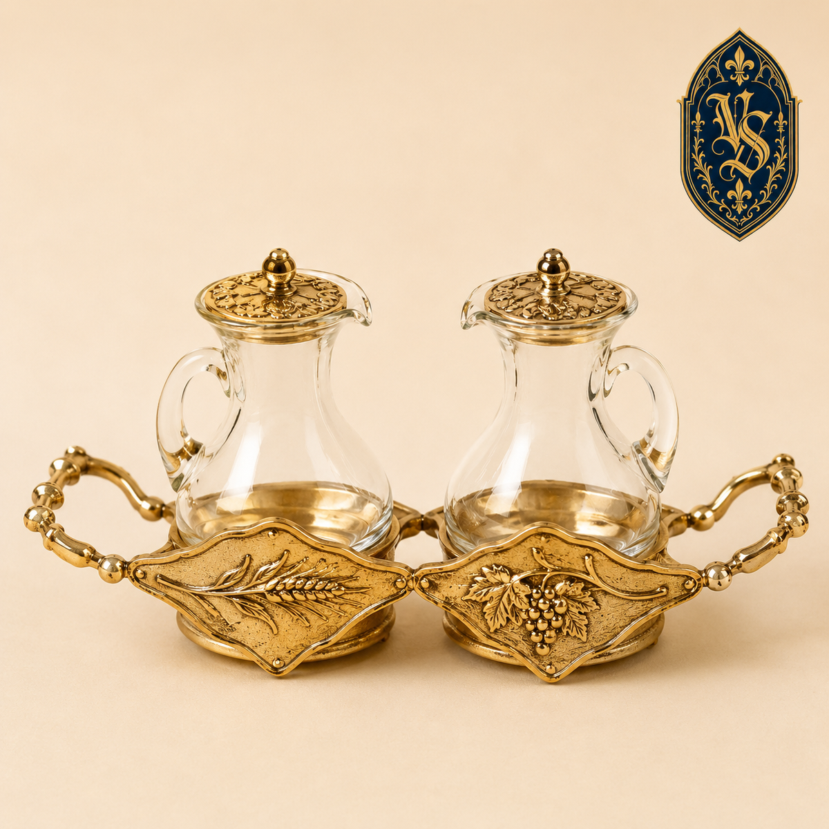 Ampoules en verre sur plateau doré à motif épis et raisins – ASCM-002
