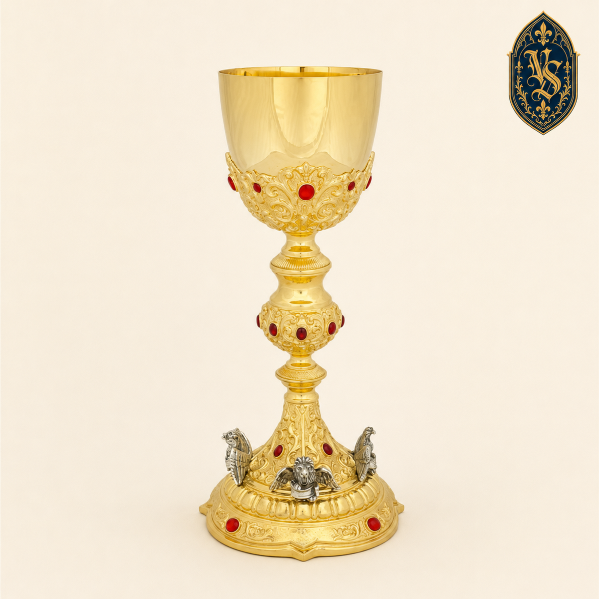 Calice de messe doré, richement orné de pierres rouges 29 cm – KSCM-018