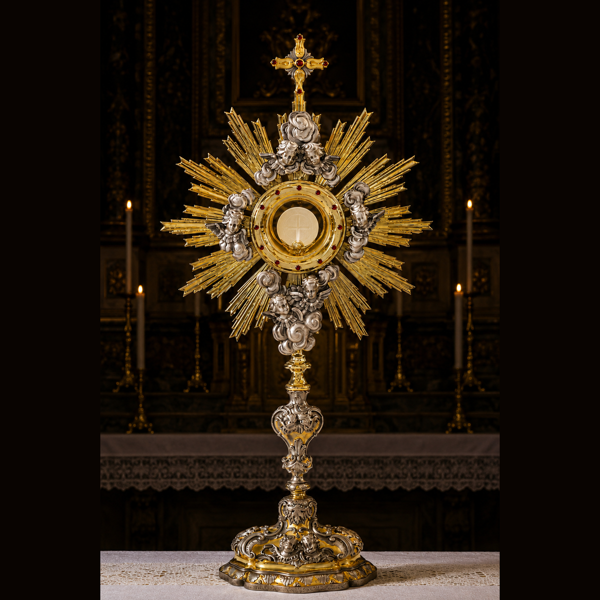 Ostensoir "Angelorum Lumen" avec des anges adorant le Saint Sacrement, hauteur 73 cm, SCM-011