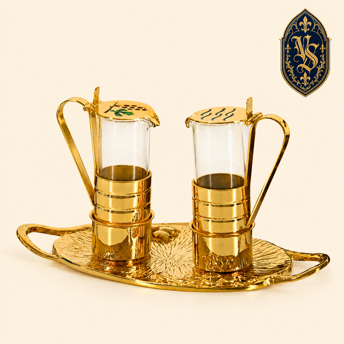 Ensemble plaqué or de burettes liturgiques sur plateau décoratif 130 ml – ASCM-003